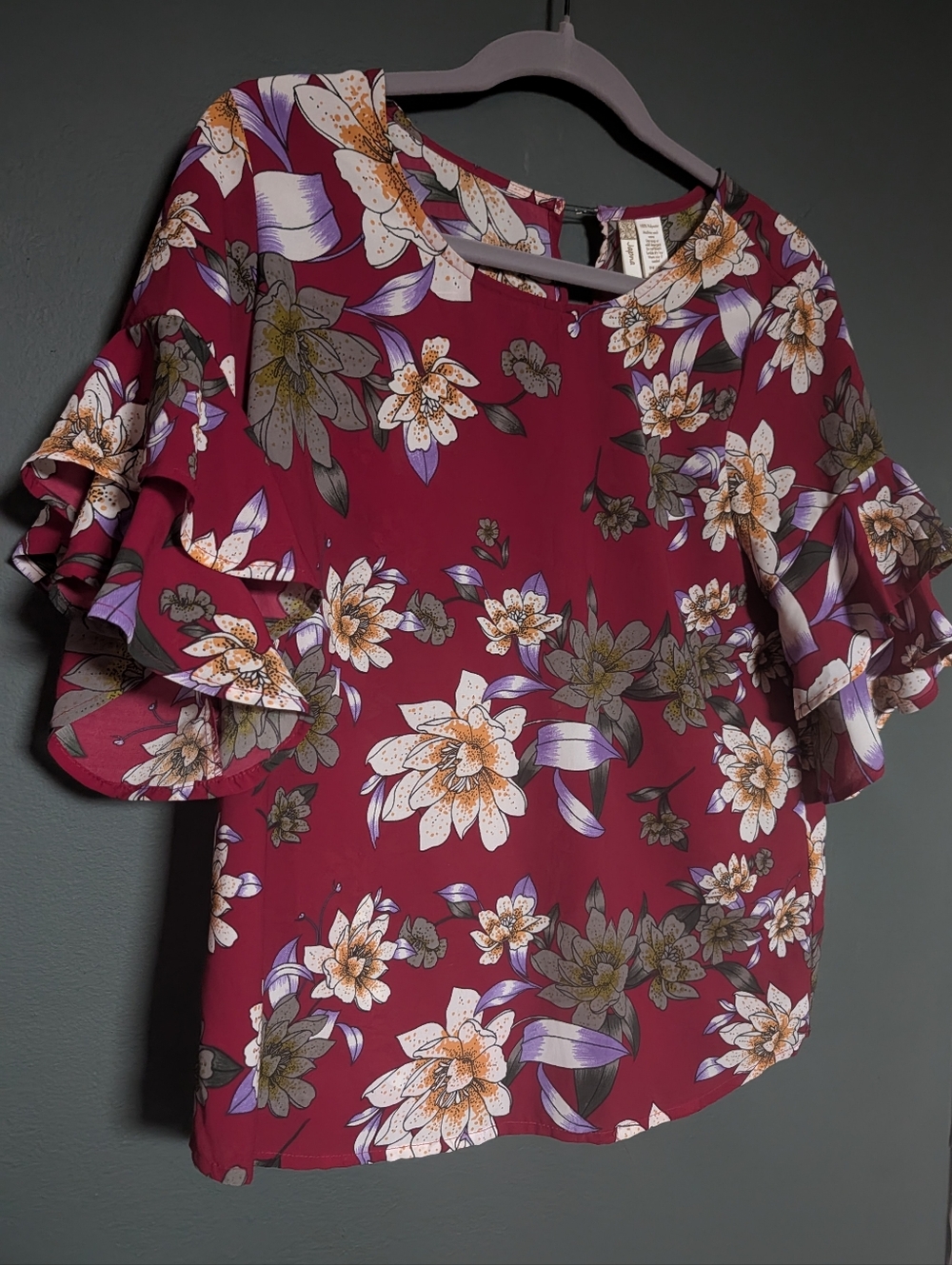 Japna Burgundy Floral Ruffle-Sleeve Blouse